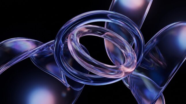 Colorful Glass Rings Floating in Space with Blue, Purple and Pink Reflections, Futuristic Abstract Geometry, Transparent 3D Forms and Premium Technology Aesthetic