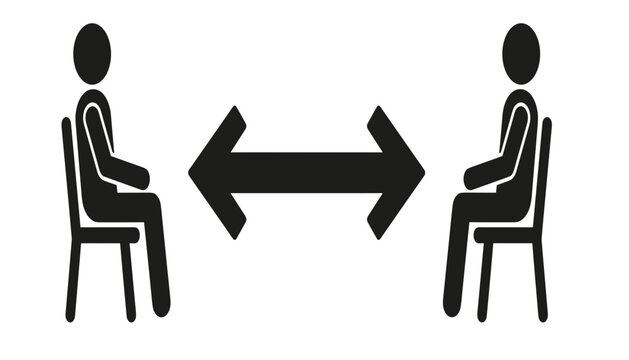 Social physical distancing icon featuring black silhouette of people sitting on chairs apart with double sided arrow