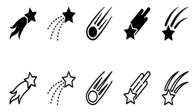 Shooting star and comet icon set featuring falling asteroid meteorite sparks black silhouette and line art symbols