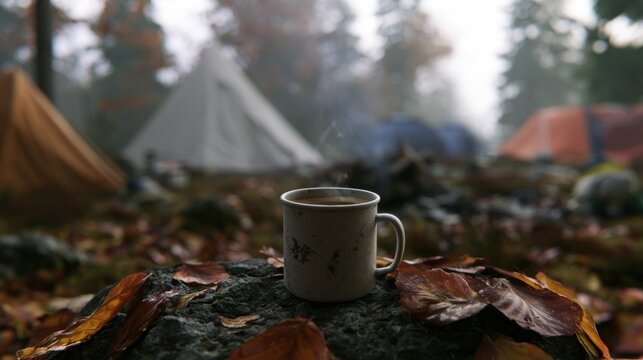 Warm cup of coffee on a rock with tents in the background during a foggy morning in the woods