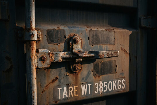 Rusty shipping container door latch with tare weight marking