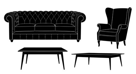 Fototapeta premium Minimalist illustration of living room furniture set with background silhouette interior graphic design couch chair table black white with decor