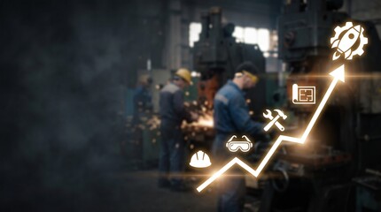 Fototapeta premium Industrial growth strategy concept featuring a glowing upward arrow chart and engineering icons overlaid on professional factory workers operating heavy machinery in a dark manufacturing facility