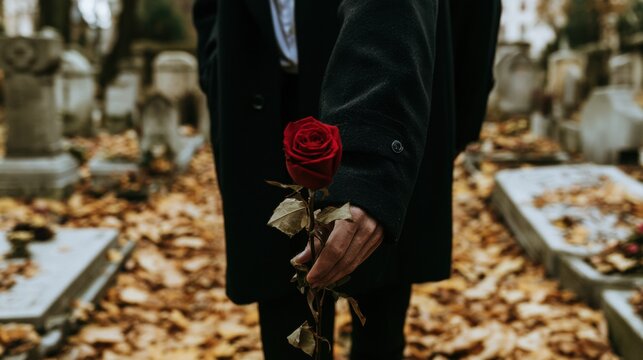 Person holding red rose in cemetery during fall season with leaves covering the ground