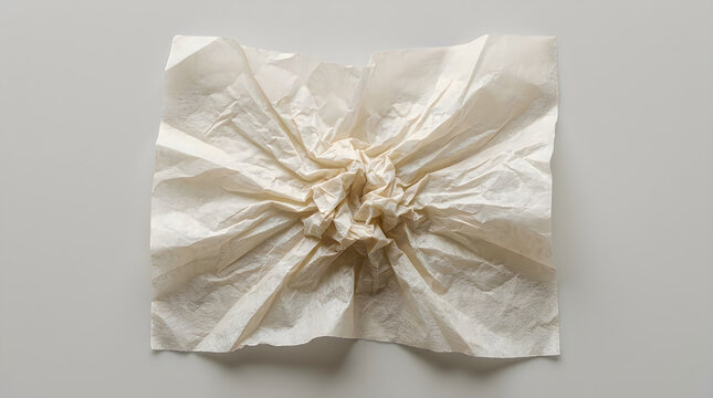 Crumpled white tissue paper on neutral background, wrinkled thin parchment texture, creased delicate wrapping material for packaging