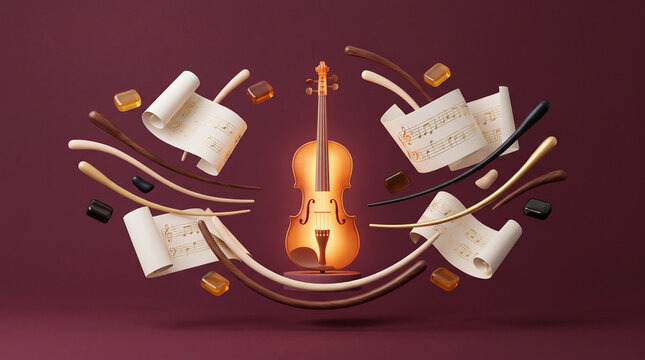 a glowing 3D golden violin surrounded by floating music sheets and musical accents on a dark red background