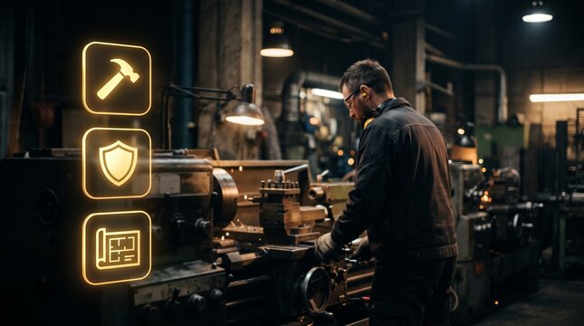 Skilled machinist operates heavy metal lathe machinery in dark industrial workshop with glowing neon icons representing construction protection and architectural blueprints in warm golden lighting