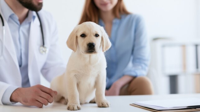 Veterinarian examines a puppy with a woman in a clinic during a consultation