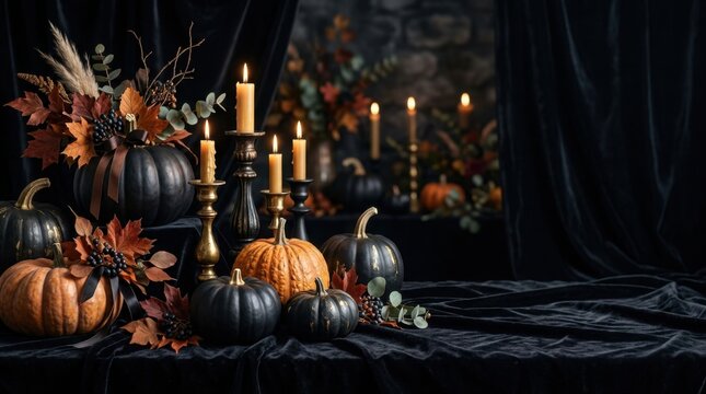 Gothic Halloween Feast Table Decorated with Candlesticks