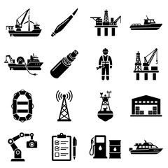 Sixteen black and white for offshore oil and gas industry featuring marine vessels, drilling platforms, and industrial equipment © rujina