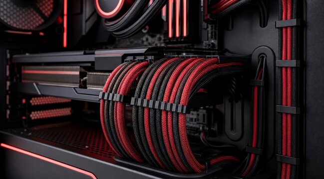 Custom red and black sleeved power cables inside a high performance gaming computer case.
