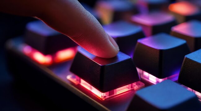 Close up of a finger pressing a glowing mechanical keyboard key.