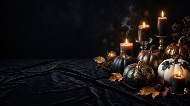 Gothic Black Still Life with Pumpkins and Candles