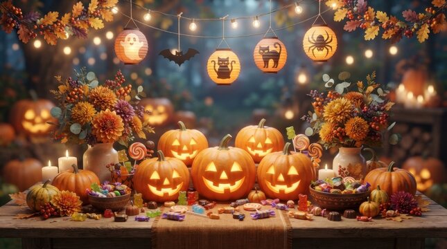 Festive Autumn Feast Table Decorated for Halloween