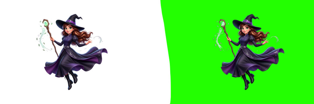 Cute cartoon witch girl with magic staff isolated on transparent background