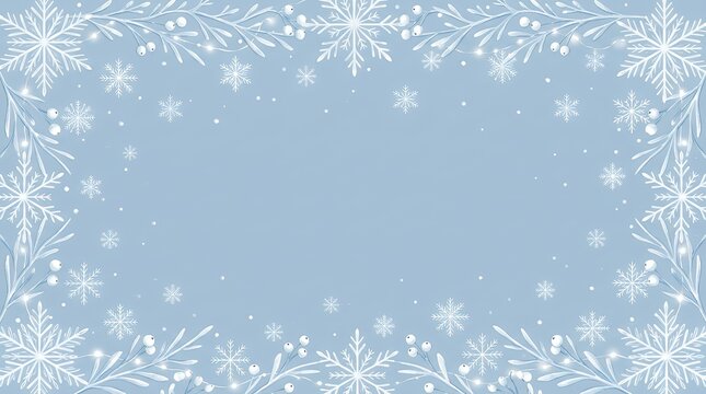 Winter holiday border frame decorated with delicate falling white snowflakes on a soft blue background with central copy space winter snowflake frame border copy space snowfall holiday christmas