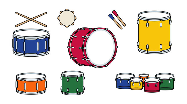 Drums and Percussion Musical Instrument Vector Clipart Set featuring Bass Drum, Snare, Tom-Tom, Tambourine, Drumsticks, and Full Acoustic Kit Components 