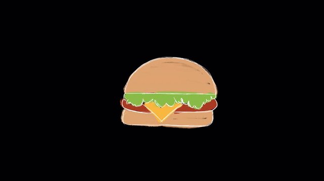 Hand drawn sketch of classic cheeseburger fast food video frame isolated on transparent background
