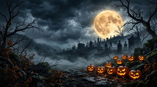 Full Moonlit Night Sky Over Spooky Graveyard