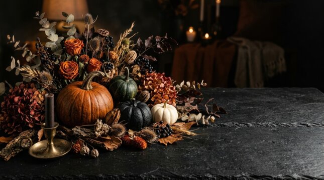 Dark Gothic Still Life with Harvest Pumpkins