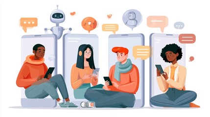 Fototapeta premium Modern vector illustration representing social networking, AI assistance, profile creation, online communication, digital interaction, community, and smart technology.