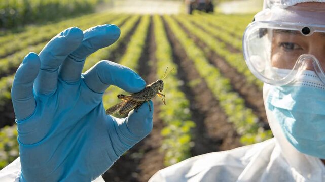 An agricultural scientist wearing protective gear examines a grasshopper in a vast crop field.