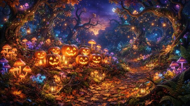 Enchanted Spooky Forest Path Lit by String Lights