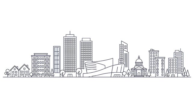 Minimalist Modern City Skyline Line Art with Skyscrapers and Landmark Buildings