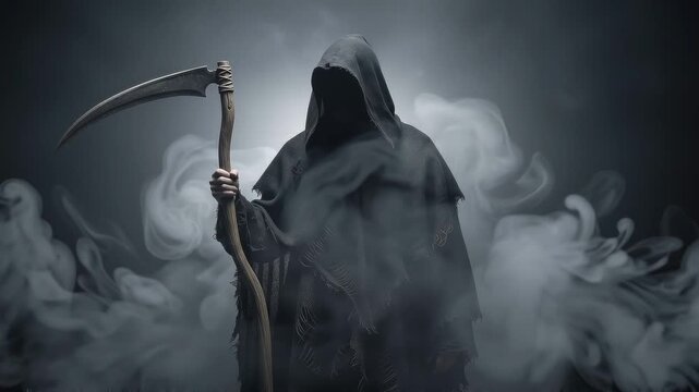 Grim reaper figure holding a scythe in a dark, smoky environment