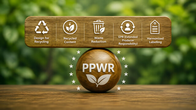 Wooden seesaw balances PPWR spheres with sustainable recycling icons on green nature background. Packaging waste regulation compliance vector concept. Ideal for eco business banners.