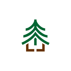 Fototapeta premium A minimalist green and brown vector icon combining a pine tree and a house, symbolizing eco-friendly architecture or a forest cabin, set against a solid white background.