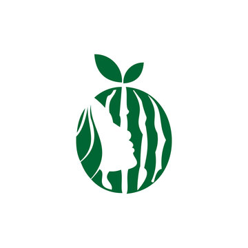 A minimalist green vector logo shaped like a melon or fruit with negative space revealing the silhouette of a human face, topped with two small leaves, set against a solid white background.