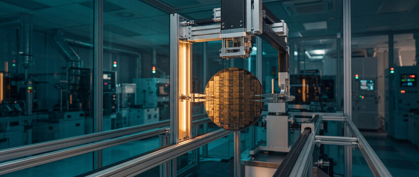 Silicon wafer handled by robotic arm inside modern semiconductor cleanroom fab under precise lighting for microchip production, hardware engineering, and high-tech manufacturing concept