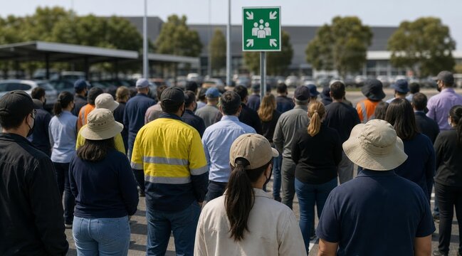 Large Group of Employees Gathered at Emergency Assembly Point Sign.