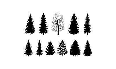 Obraz premium Black pine tree silhouettes on white background, minimalist