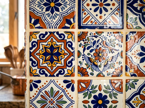 Mexican Talavera tile kitchen backsplash | Hand painted ceramic tiles with floral patterns | Traditional Mediterranean style wall tiles | Colorful Moroccan inspired tile decor | Decorative blue and or