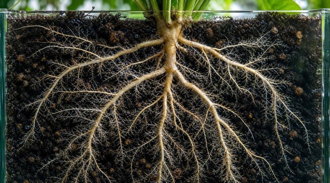 Plant roots growing in dark fertile soil cross section.