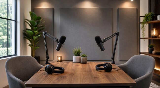 Professional Podcast Studio Setup with Microphones and Headphones.