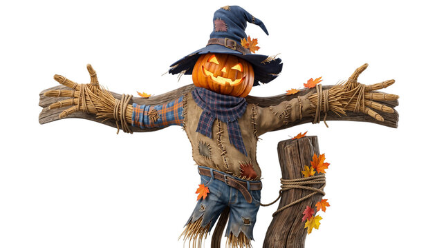 Realistic scarecrow with pumpkin head and witch hat, isolated on transparent background