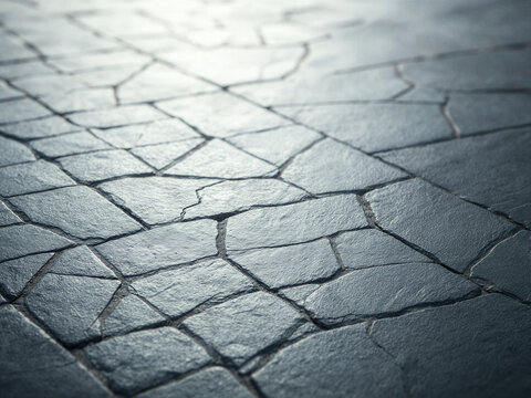 Irregular dark charcoal stone flagstone flooring with natural texture and soft reflective lighting