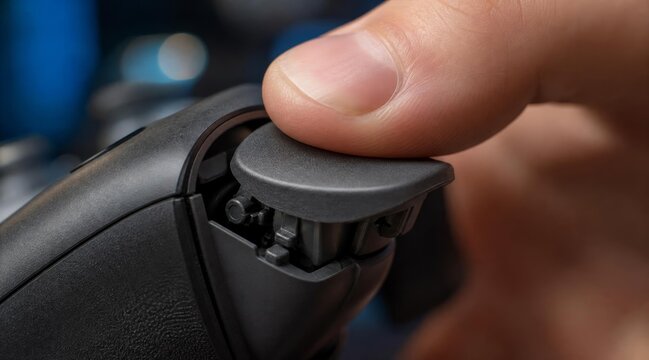 Close up of a broken game controller shoulder button being pressed.