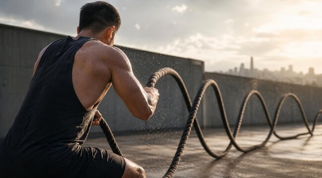 Athletic man training with heavy battle ropes on a rooftop at sunset.
