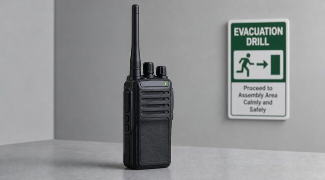 Black walkie talkie radio placed on a surface next to an evacuation drill sign.