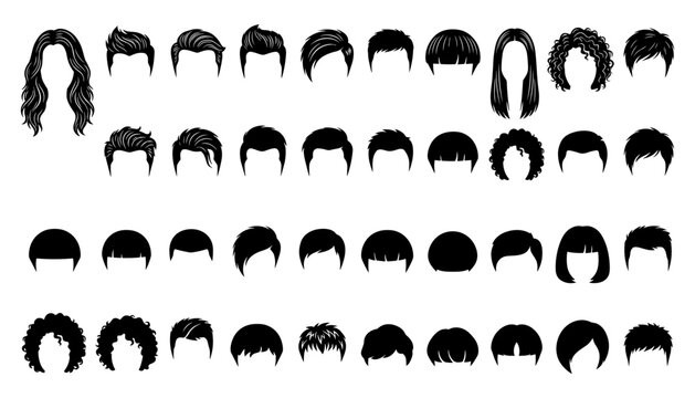 Comprehensive men and women hairstyle icon mega pack featuring black silhouette haircut fashion vector element collection