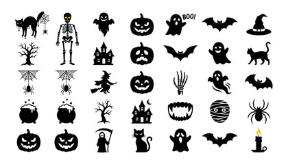 Obraz premium Large Halloween black silhouette icon bundle featuring spooky ghosts skeletons pumpkins witches bats and creepy monsters