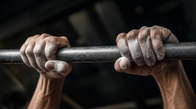 Close up of muscular athlete hands holding pull up bar with chalk.