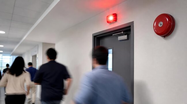 People Evacuating Office Building During Fire Alarm Emergency.