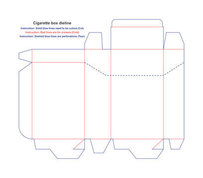 Flat professional cigarette box dieline template with fold and cut lines