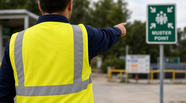 Worker in high visibility vest pointing to an emergency muster point sign.