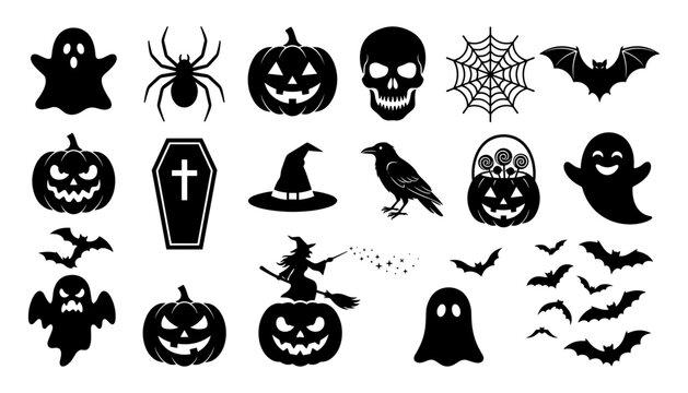 Halloween element black silhouette icon set with spooky ghosts skulls pumpkins witch coffin spider web raven and flying bats.